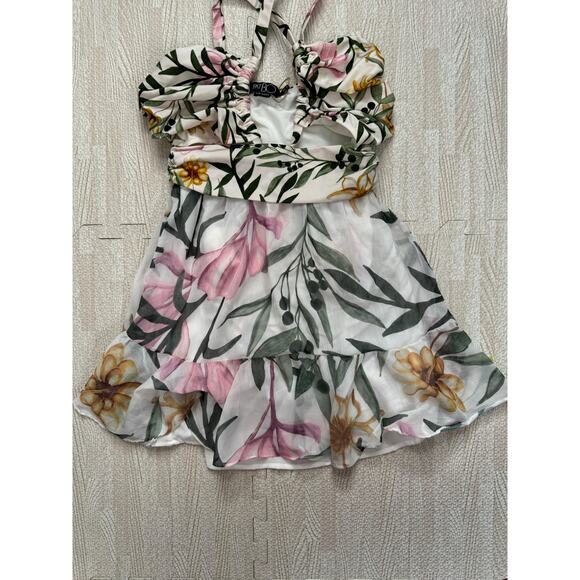 PatBo Jasmine Cutout Mini Dress Sexy Honeymoon Floral Ruffle Criss Cross Large - Picture 9 of 16